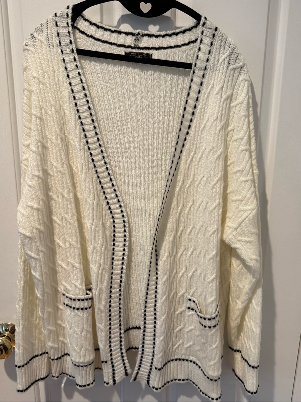 Lety & Me Cream Cable-Knit Open Cardigan with Black Trim